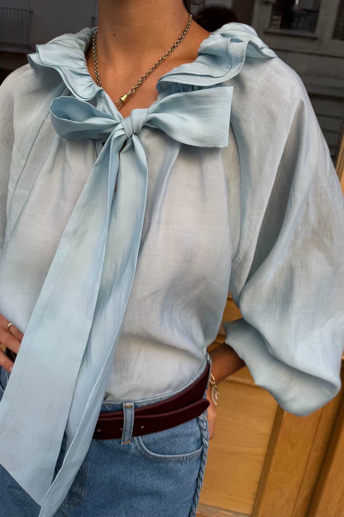 Never Fully Dressed Signature - Ice Blue Ruffle Shirt