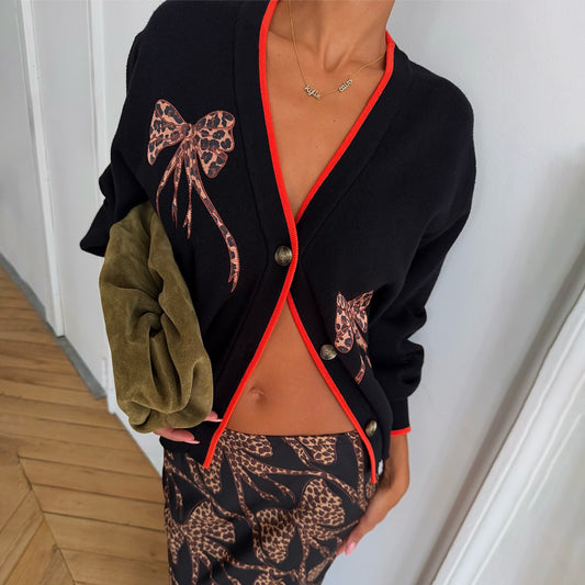 Never Fully Dressed Hot Sale - Black Leopard Bow Hannah Cardigan