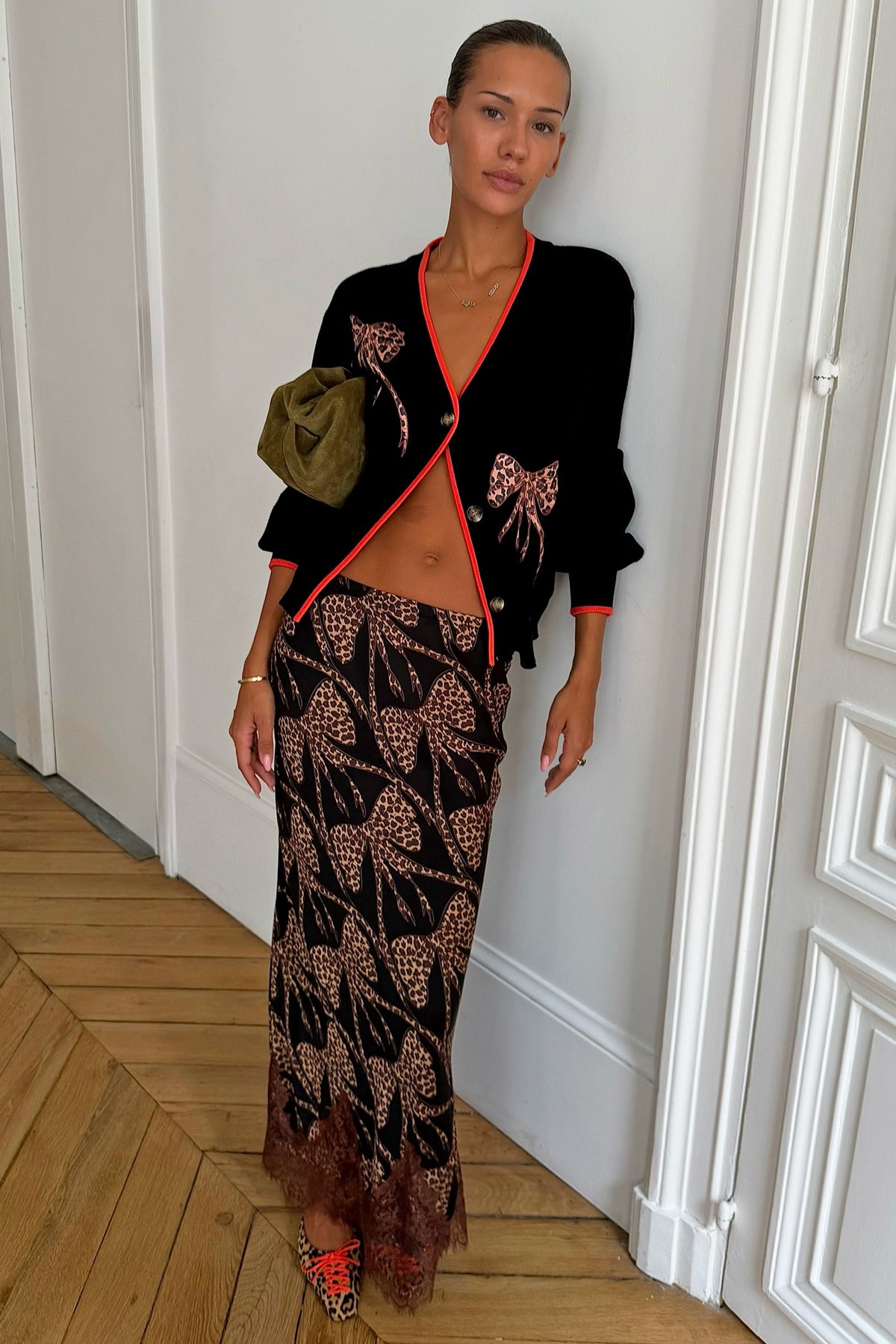 Never Fully Dressed Latest - Black Leopard Bow Midi Maeva Skirt