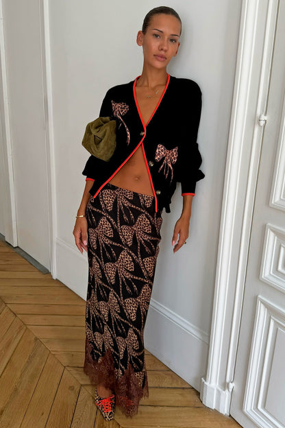 Never Fully Dressed Latest - Black Leopard Bow Midi Maeva Skirt