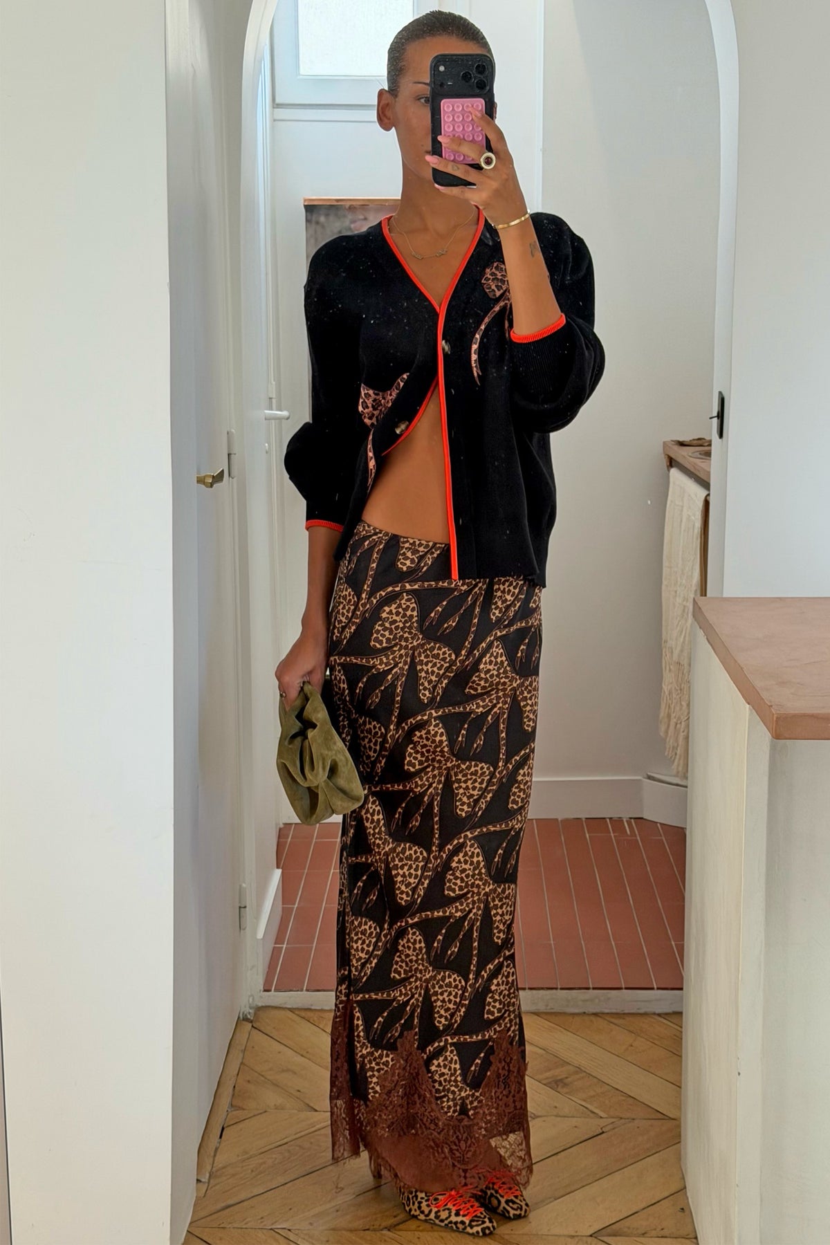 Never Fully Dressed Latest - Black Leopard Bow Midi Maeva Skirt