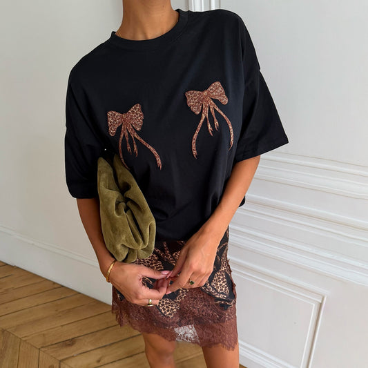 Never Fully Dressed Deals - Black Leopard Bow T-Shirt