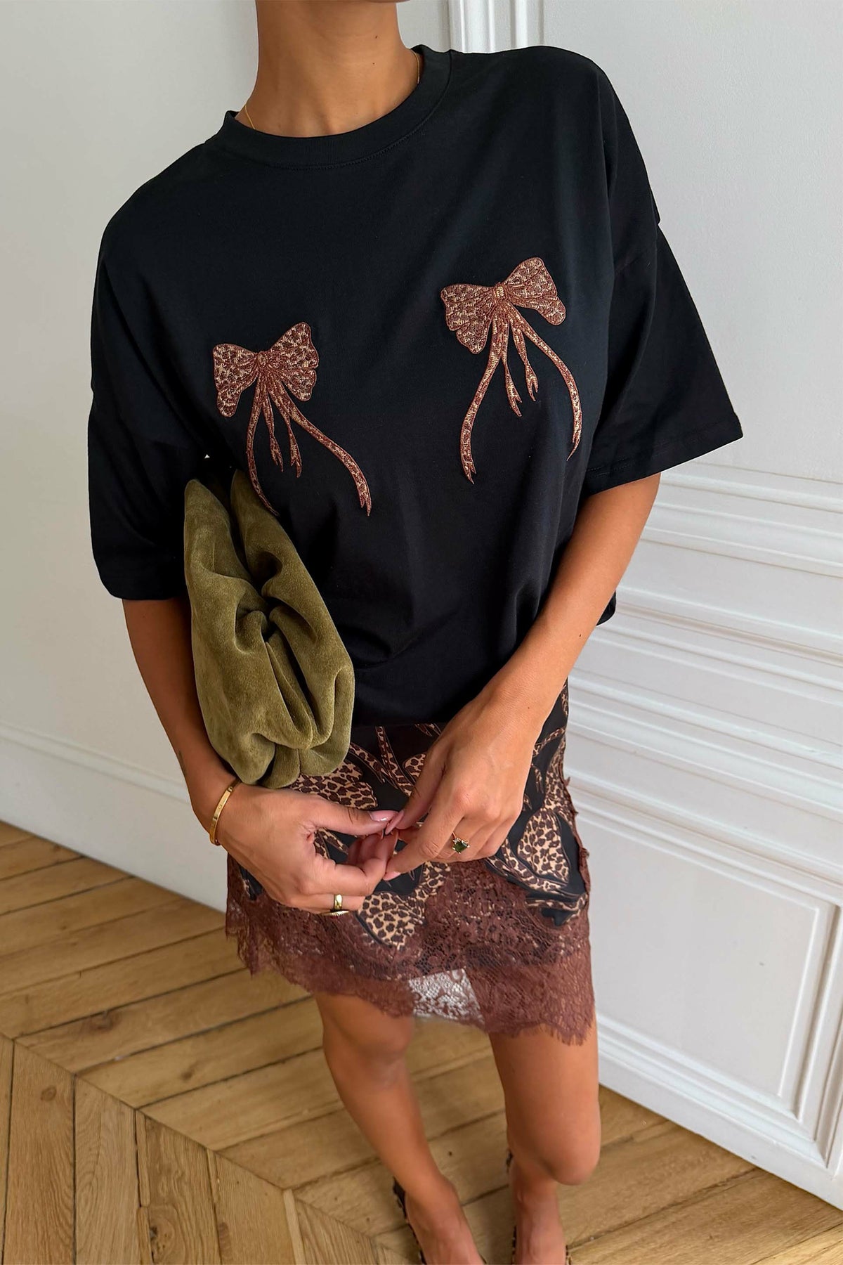 Never Fully Dressed Deals - Black Leopard Bow T-Shirt