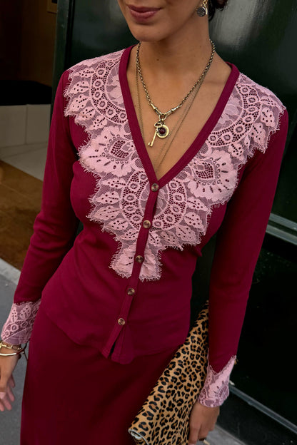 Never Fully Dressed Deals - Burgundy Lace Rib Cardigan