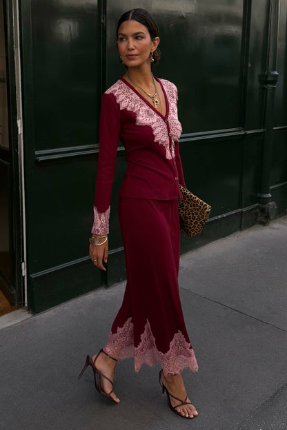Never Fully Dressed Everyday - Burgundy Lace Rib Midi Maeva Skirt