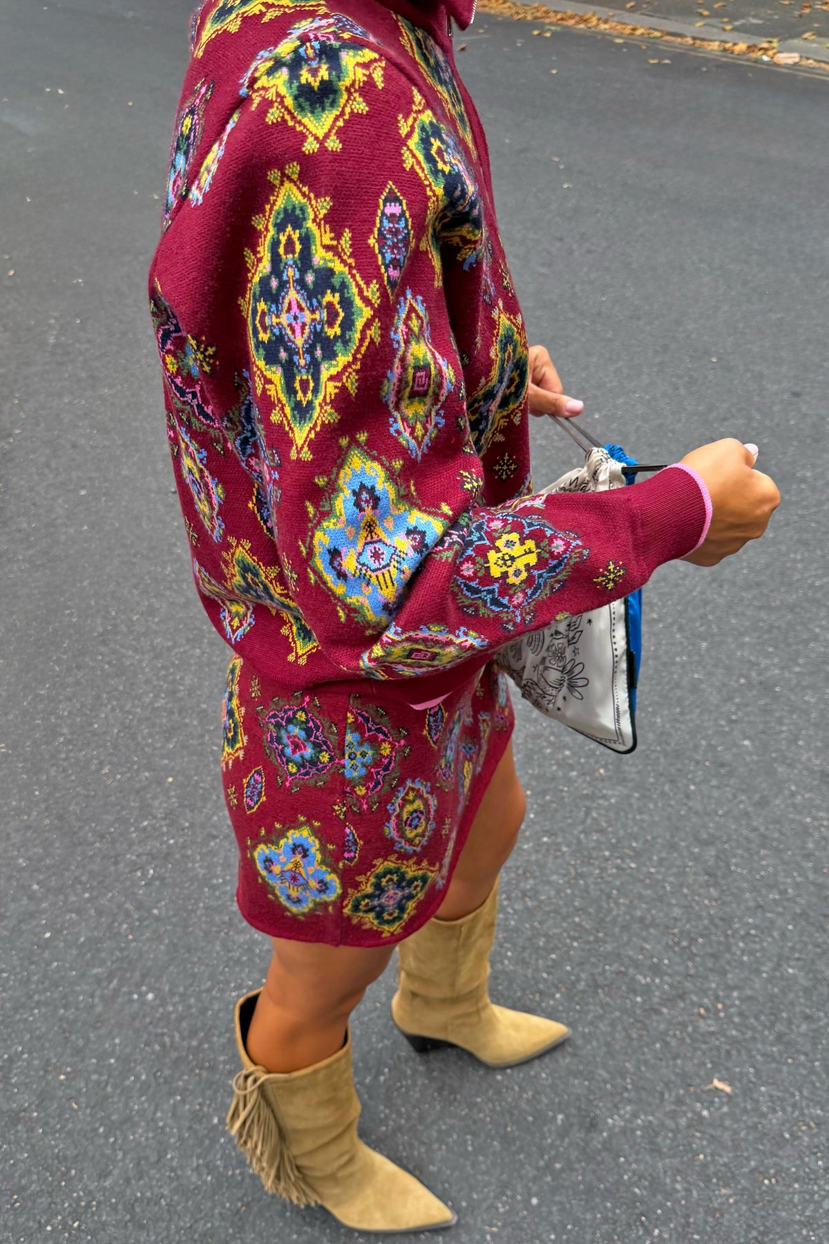 Never Fully Dressed Best Price - Red Tile Print Zip-Up Cardigan