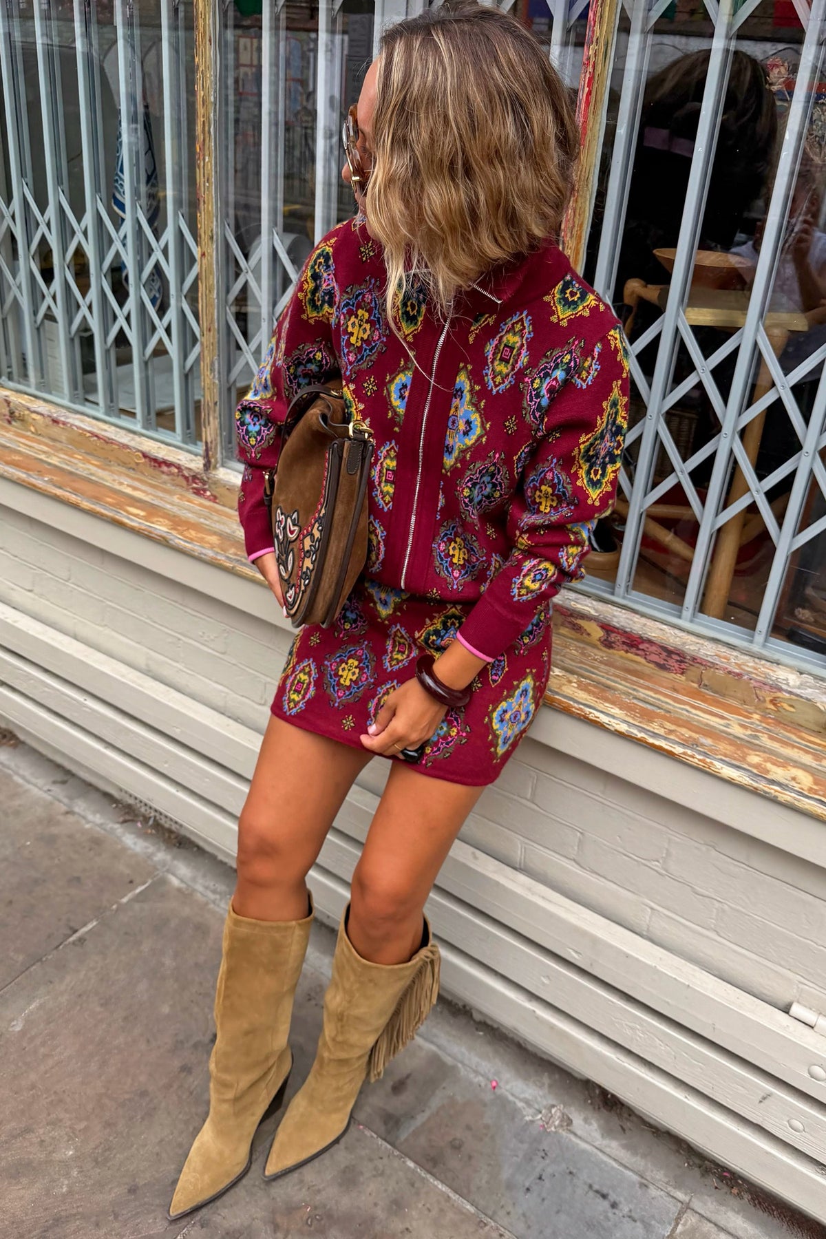 Never Fully Dressed Best Price - Red Tile Print Zip-Up Cardigan