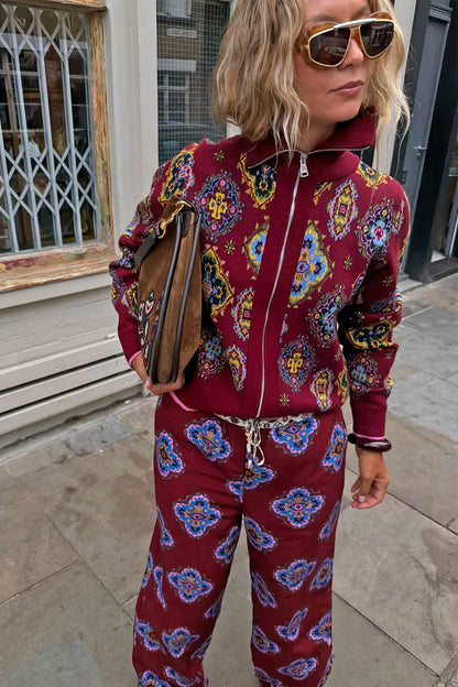 Never Fully Dressed Best Price - Red Tile Print Zip-Up Cardigan