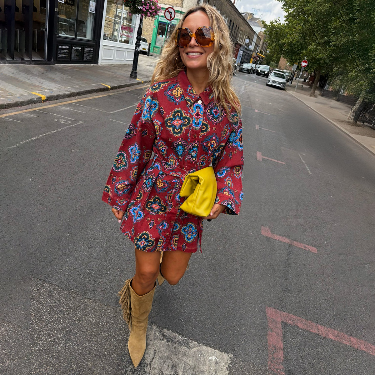 Never Fully Dressed Quality - Red Tile Print Denim Shacket