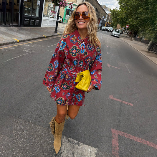 Never Fully Dressed Quality - Red Tile Print Denim Shacket