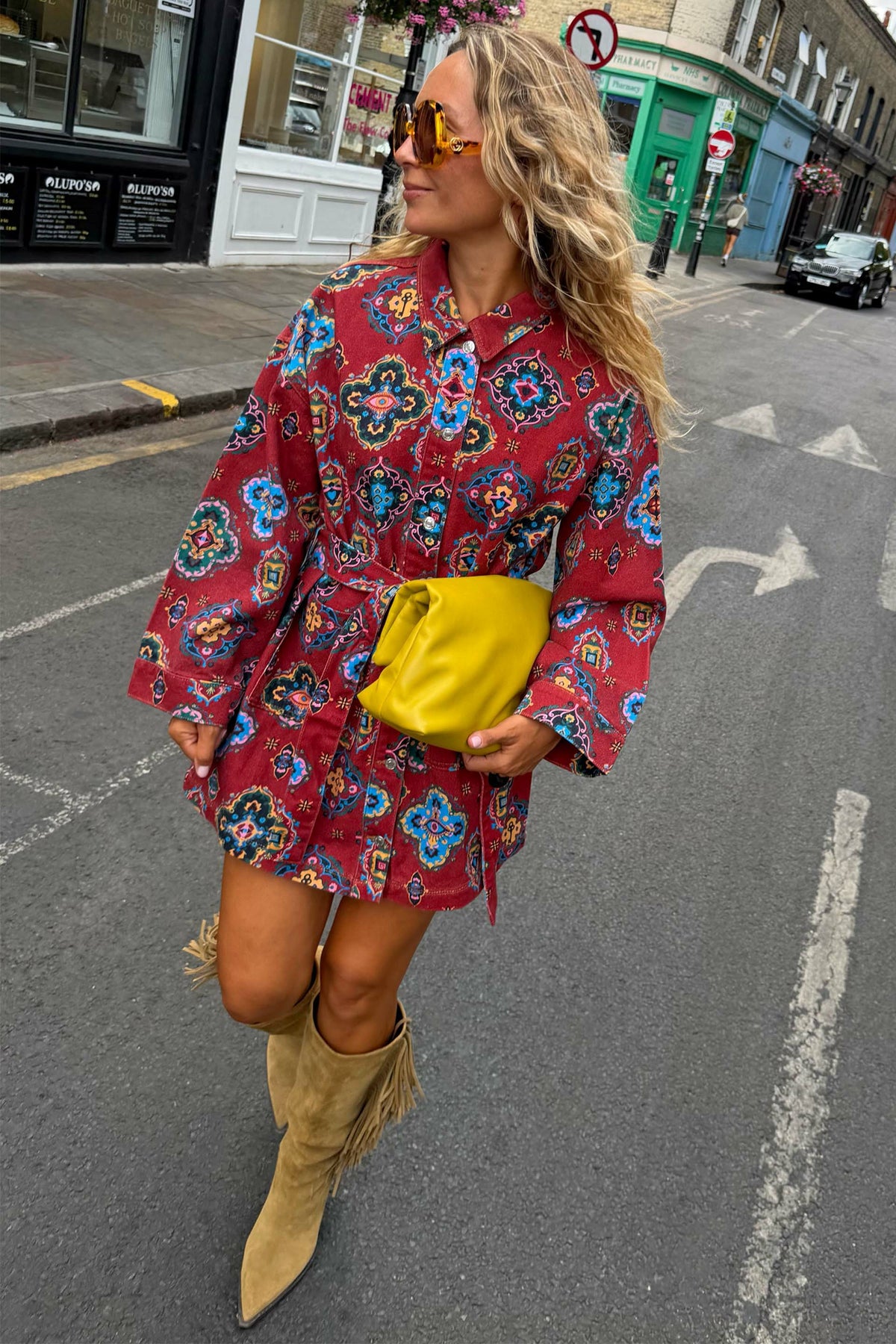 Never Fully Dressed Quality - Red Tile Print Denim Shacket