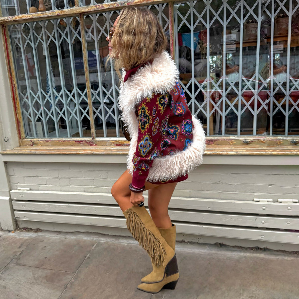 Never Fully Dressed Featured - Red Tile Faux Fur Gilet
