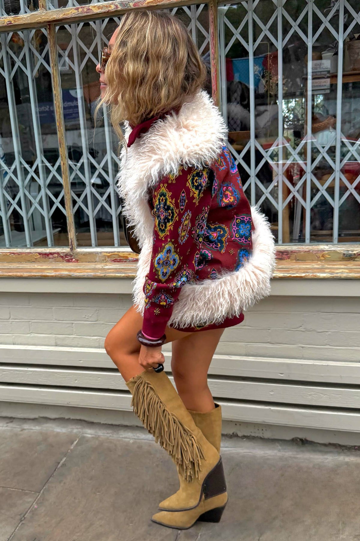 Never Fully Dressed Featured - Red Tile Faux Fur Gilet