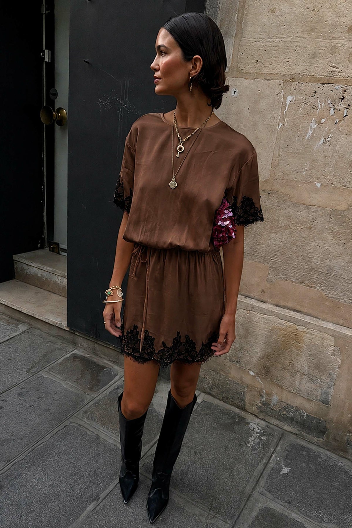 Never Fully Dressed Trending - Chocolate & Black Lace T-Shirt Dress - Never Fully Dressed