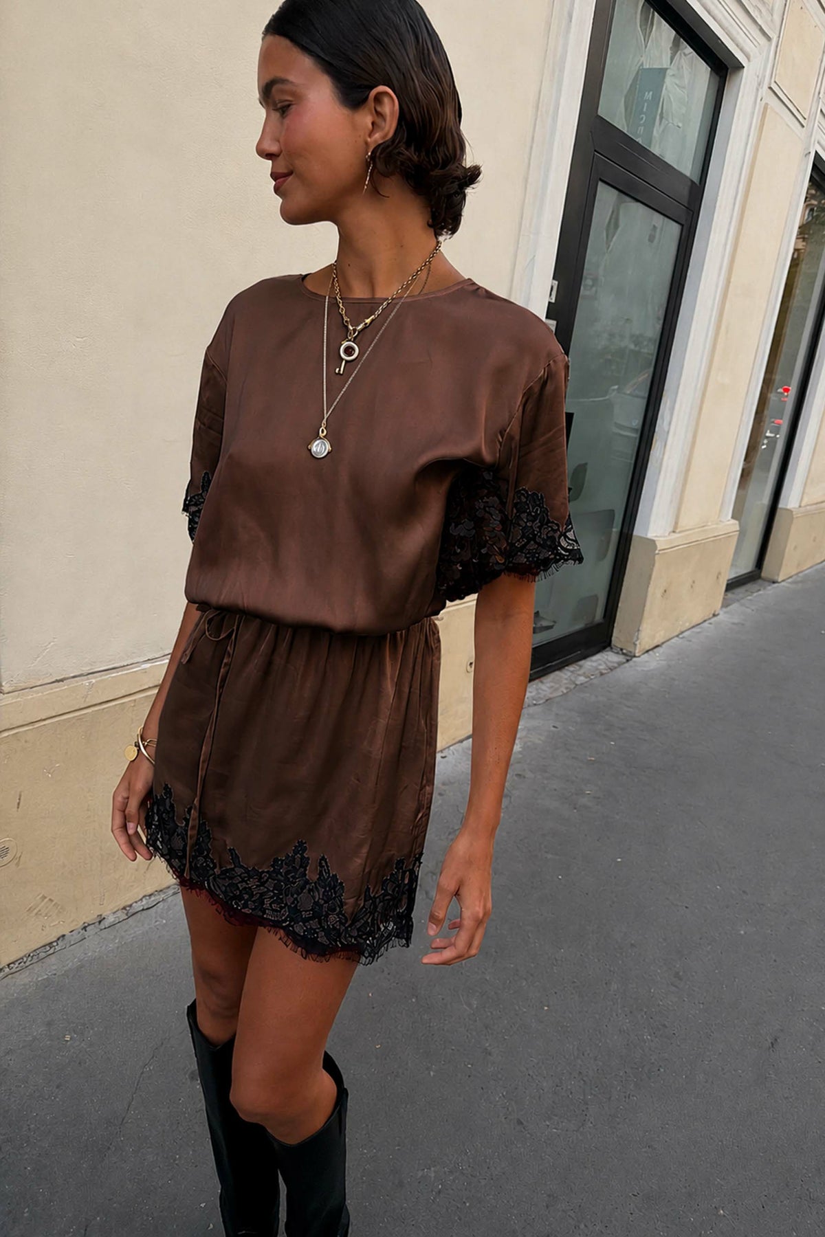 Never Fully Dressed Trending - Chocolate & Black Lace T-Shirt Dress - Never Fully Dressed