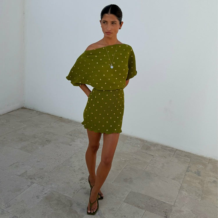 Never Fully Dressed Best Seller - Khaki Mini Plisse Tilly Dress