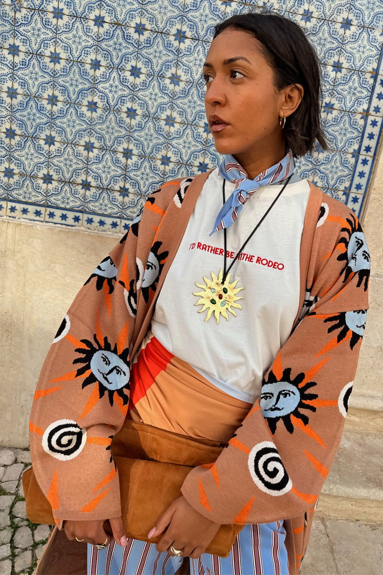 Never Fully Dressed Signature - Tan Sun Cardigan with Sun Motifs
