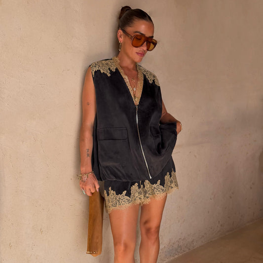 Never Fully Dressed Popular - Grey Lace Bubble Zip Vest