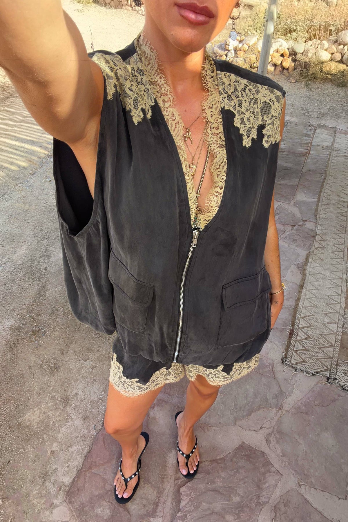 Never Fully Dressed Popular - Grey Lace Bubble Zip Vest