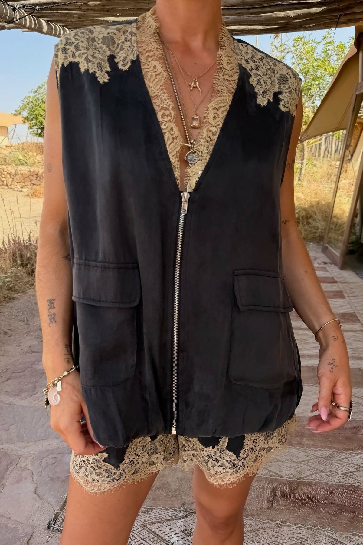 Never Fully Dressed Popular - Grey Lace Bubble Zip Vest