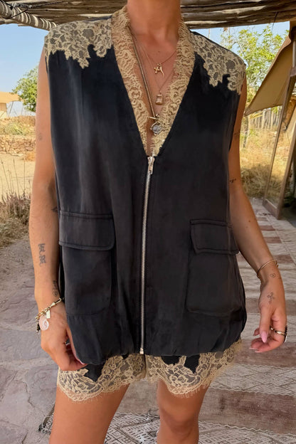 Never Fully Dressed Popular - Grey Lace Bubble Zip Vest