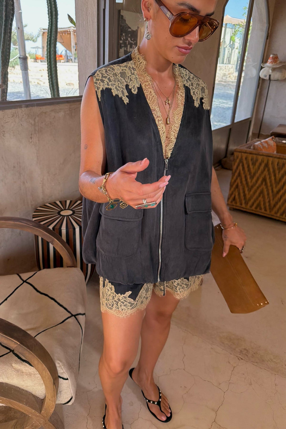 Never Fully Dressed Popular - Grey Lace Bubble Zip Vest