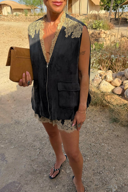 Never Fully Dressed Popular - Grey Lace Bubble Zip Vest