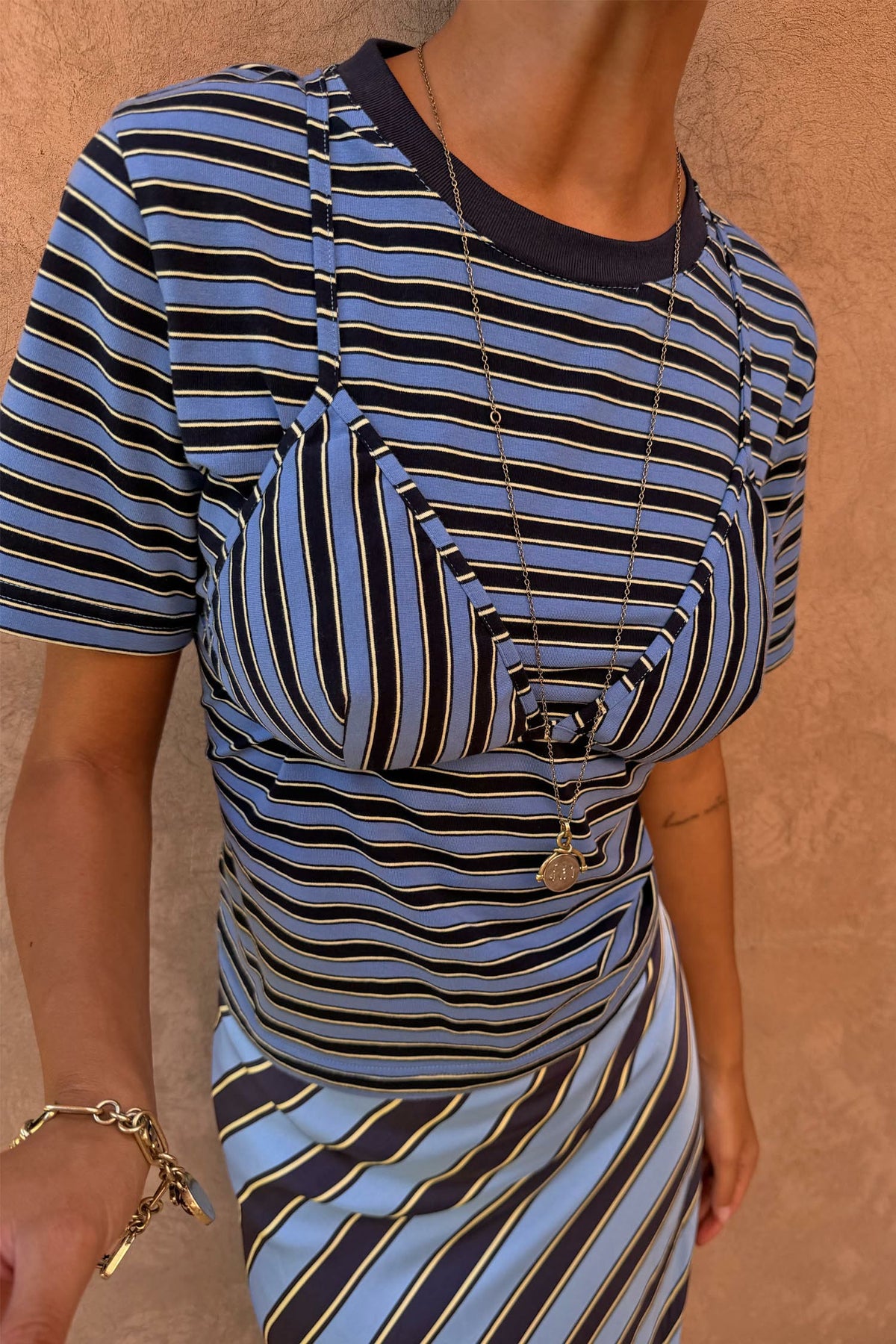 Never Fully Dressed Everyday - Blue Stripe Baby T-Shirt with Detachable Bra - Never Fully Dressed