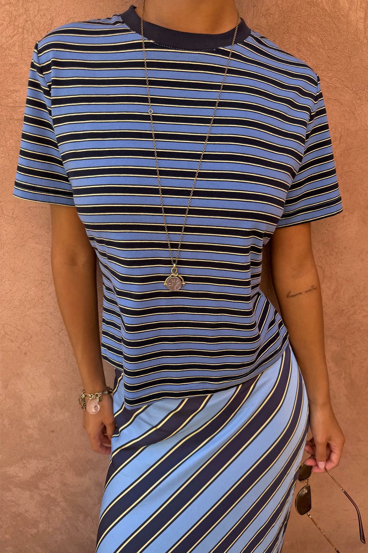 Never Fully Dressed Everyday - Blue Stripe Baby T-Shirt with Detachable Bra - Never Fully Dressed