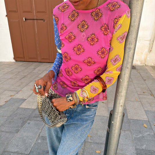 Never Fully Dressed Trending - Pink Mix Tile Long Sleeve Mesh Top