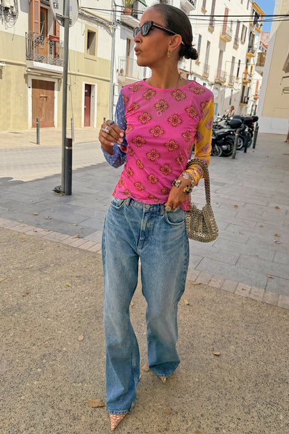 Never Fully Dressed Trending - Pink Mix Tile Long Sleeve Mesh Top