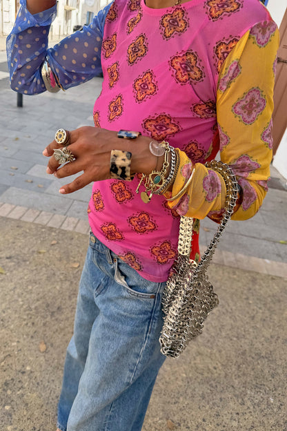 Never Fully Dressed Trending - Pink Mix Tile Long Sleeve Mesh Top