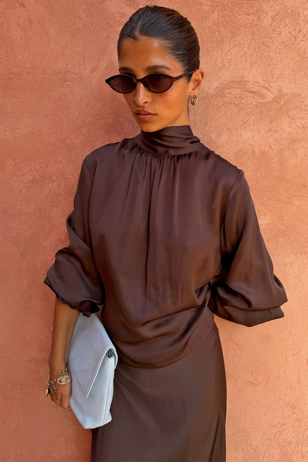 Never Fully Dressed Quality - Chocolate Tie Neck Blouse
