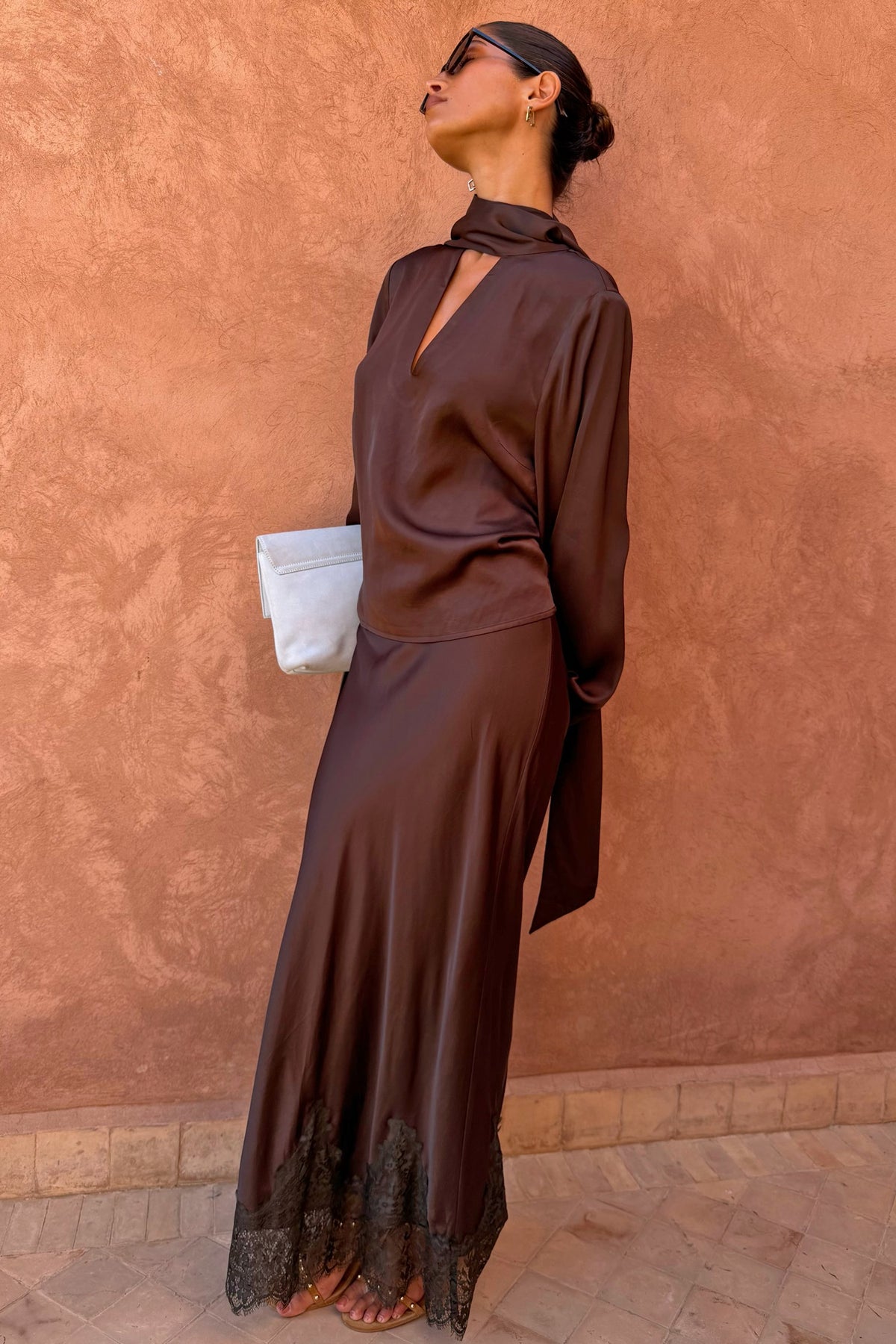 Never Fully Dressed Quality - Chocolate Tie Neck Blouse