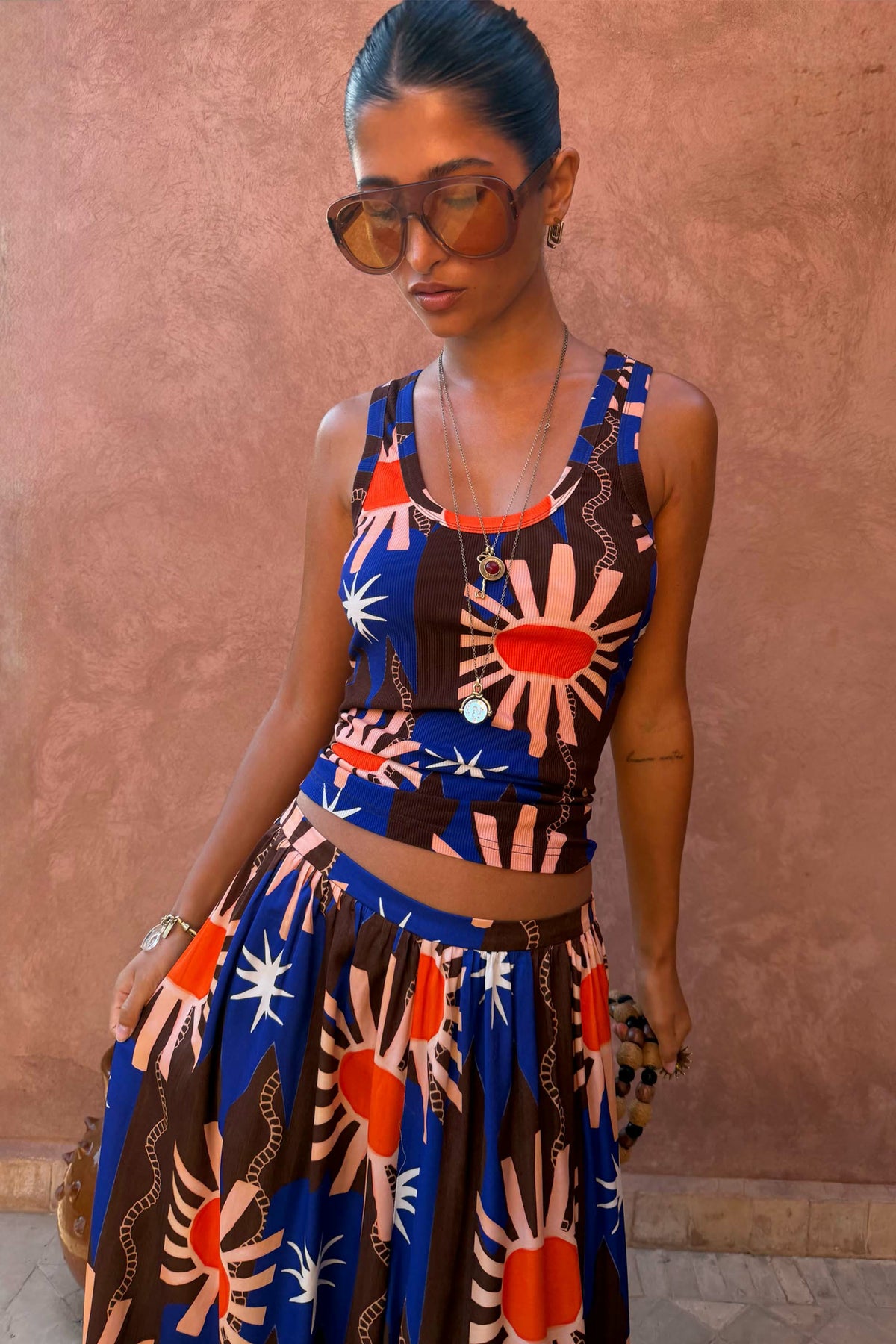 Never Fully Dressed Premium - Chocolate & Blue Sun Scoop Neck Tank