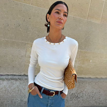 Never Fully Dressed Featured - White Stud Long Sleeve Rib Top