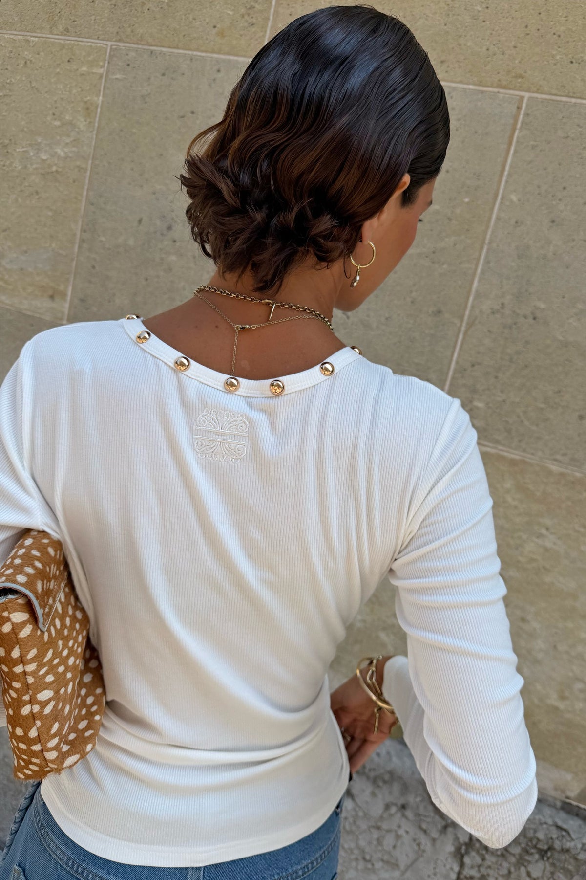 Never Fully Dressed Featured - White Stud Long Sleeve Rib Top