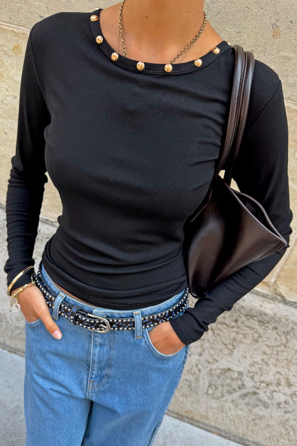 Never Fully Dressed Special Offer - Black Stud Long Sleeve Rib Top