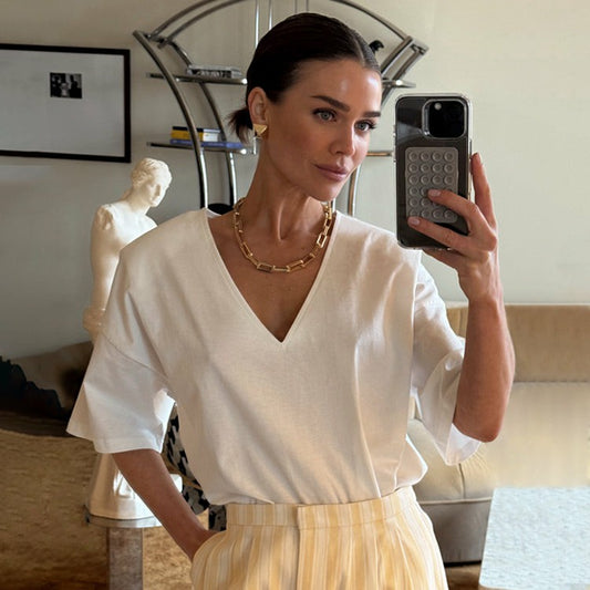 Never Fully Dressed Top Pick - White T-Shirt with Shoulder Pads