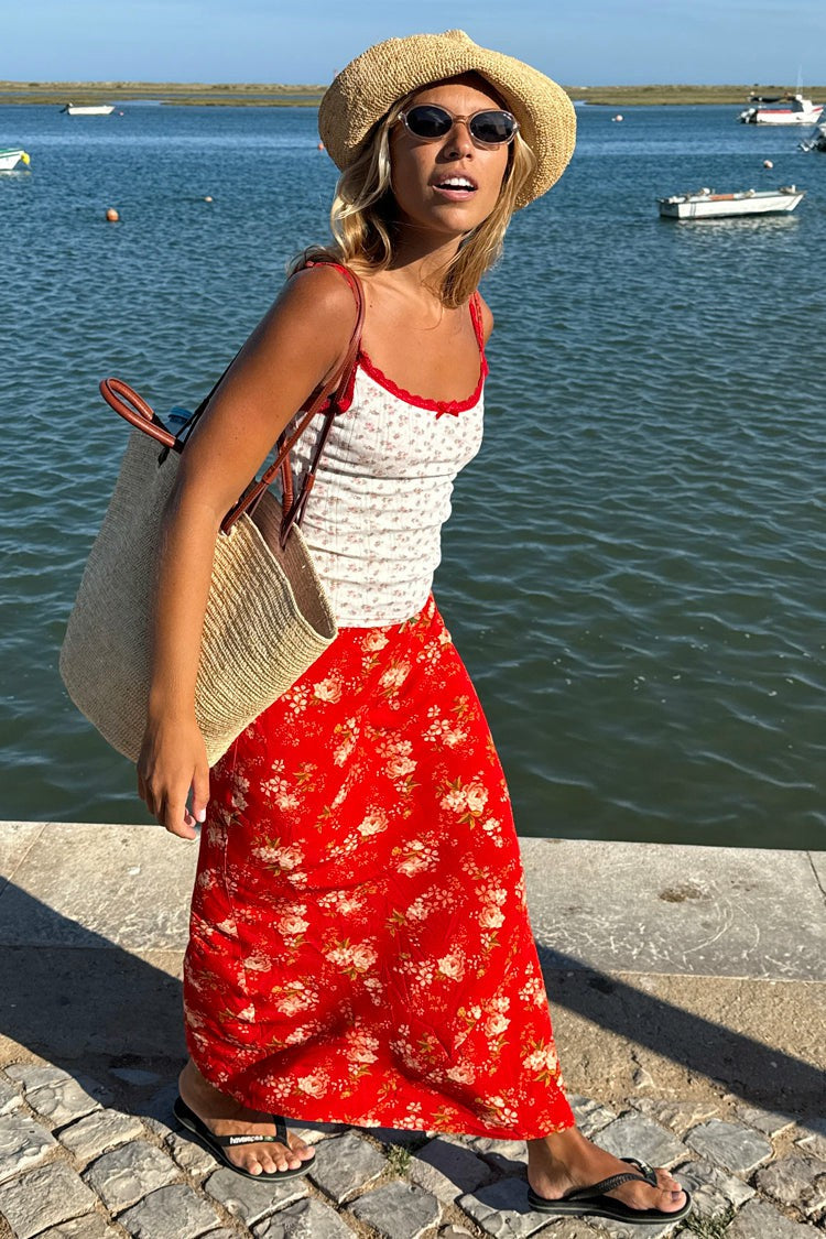 Never Fully Dressed Great Value - Red Floral Midi Skirt