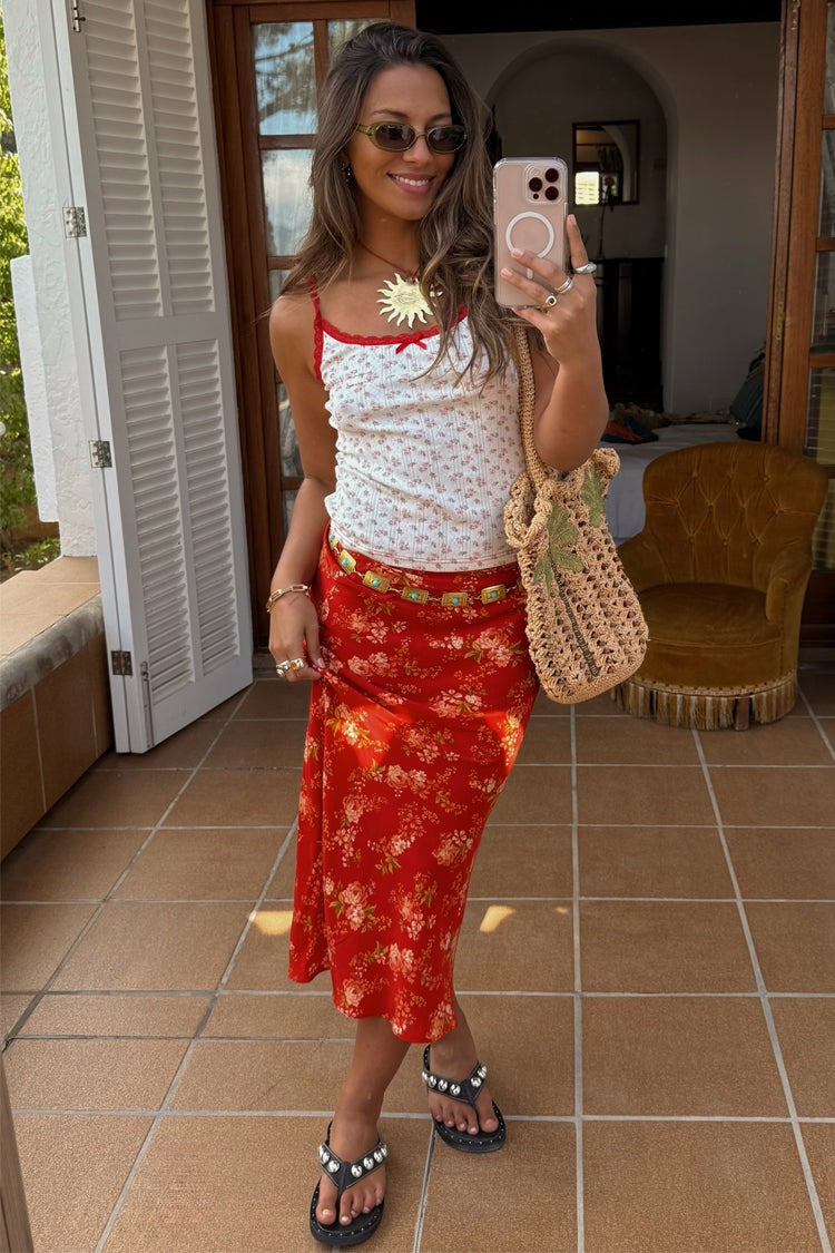 Never Fully Dressed Great Value - Red Floral Midi Skirt