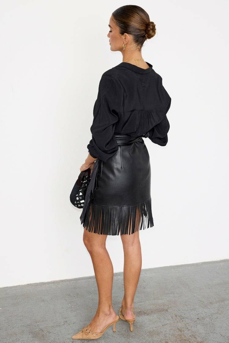 Never Fully Dressed Signature - Black Vegan Leather Mini Fringe Jaspre Skirt