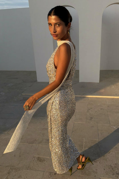 Never Fully Dressed Trusted - Silver Sequin Maxi Wrap Jaspre Skirt