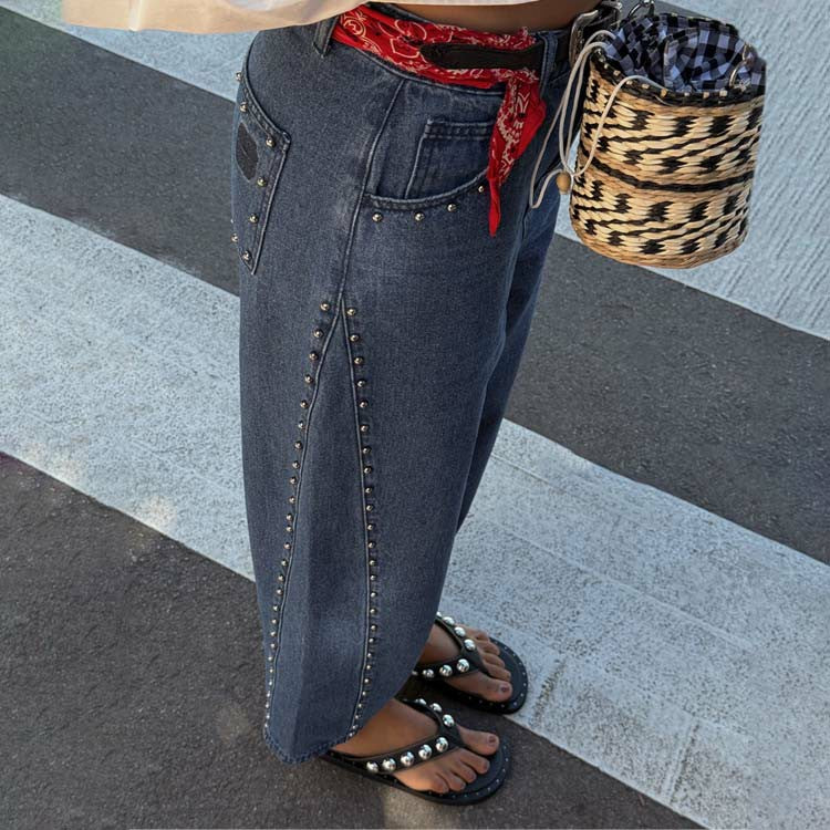 Never Fully Dressed Customer Favorite - Blue Studded Barrel Jeans