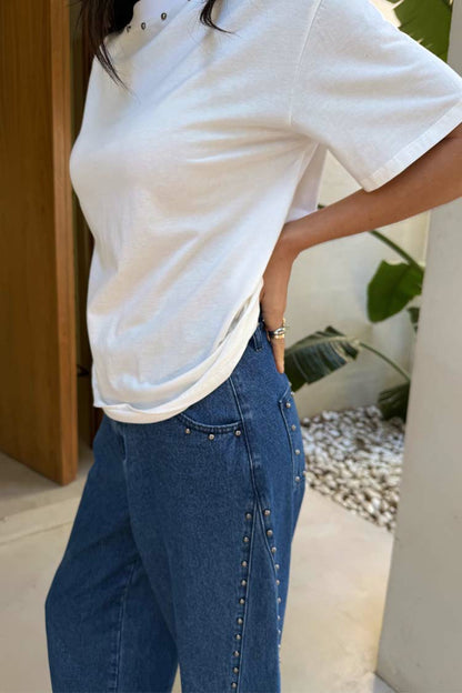 Never Fully Dressed Customer Favorite - Blue Studded Barrel Jeans