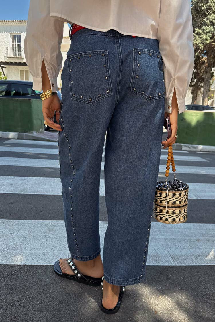Never Fully Dressed Customer Favorite - Blue Studded Barrel Jeans