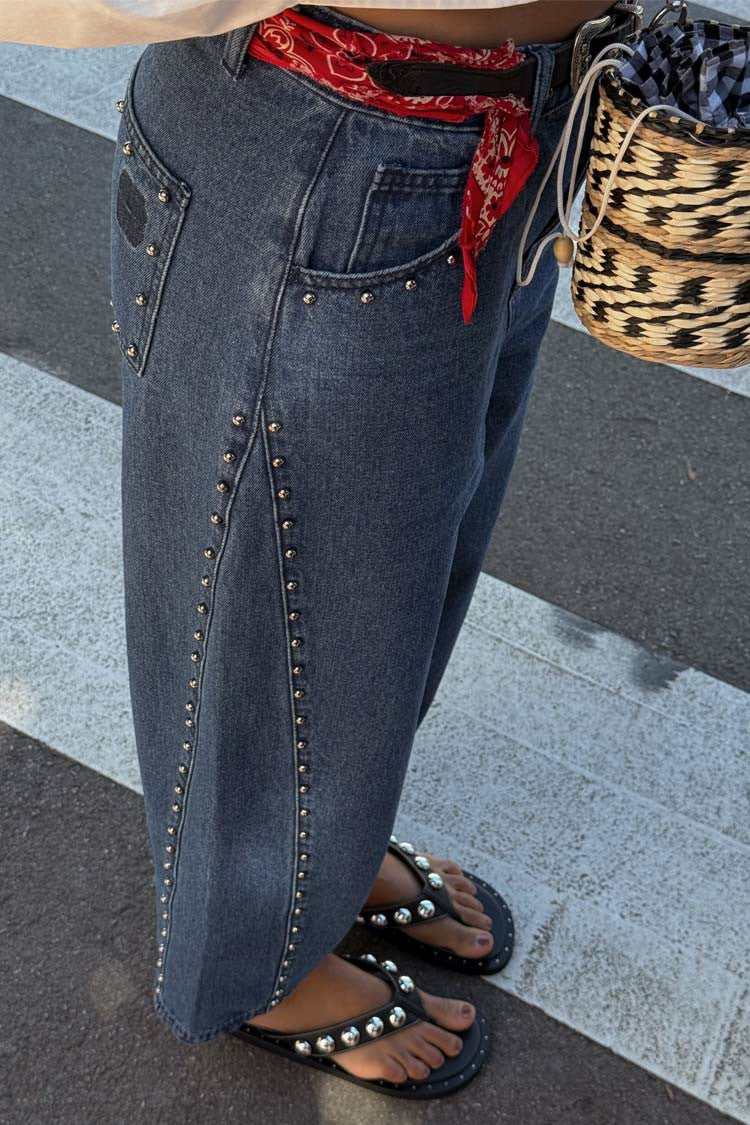 Never Fully Dressed Customer Favorite - Blue Studded Barrel Jeans