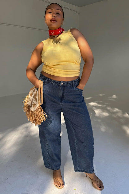 Never Fully Dressed Customer Favorite - Blue Studded Barrel Jeans