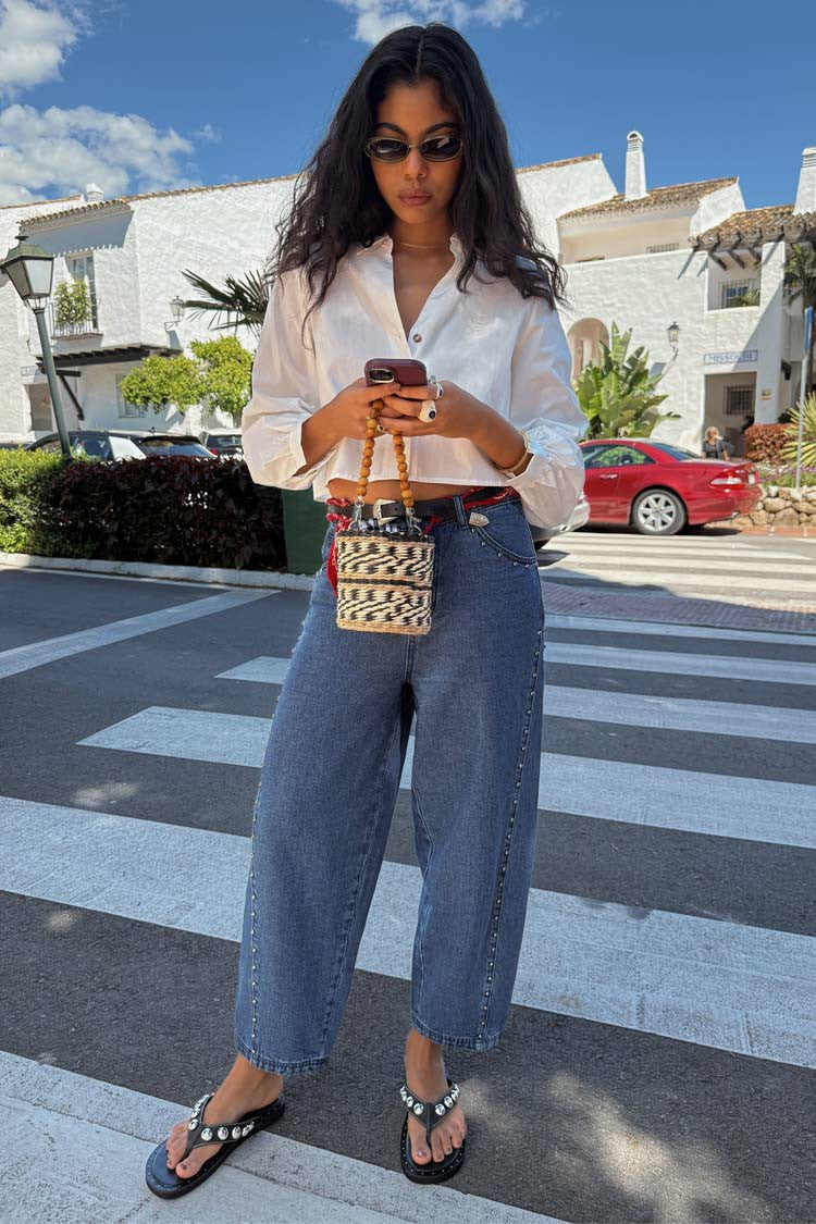 Never Fully Dressed Customer Favorite - Blue Studded Barrel Jeans