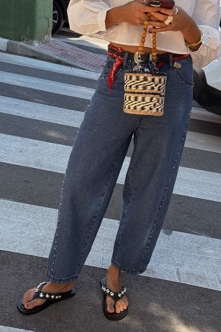 Never Fully Dressed Customer Favorite - Blue Studded Barrel Jeans